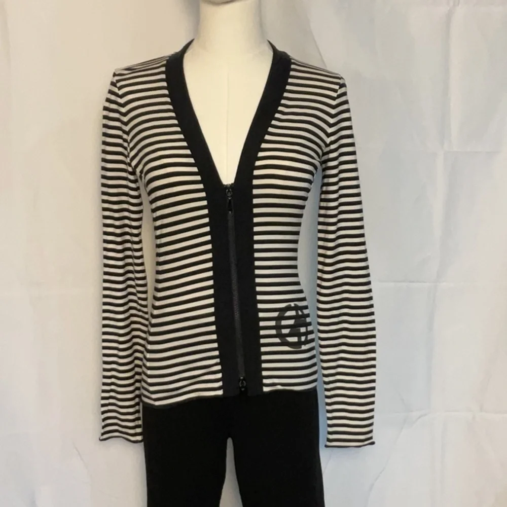 Giorgio Armani black & white stripe silk blend zip up jacket w/ logo size 8 - Picture 1 of 6